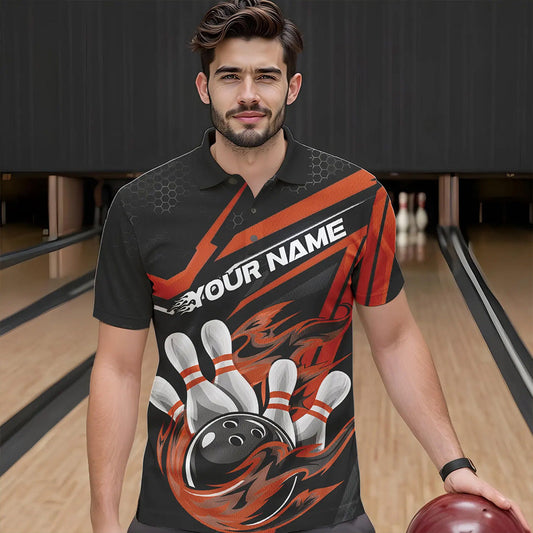 Custom Black And Orange Flame Bowling Team Polo Shirts For Men, Fire Bowling League Shirt IPHW8770