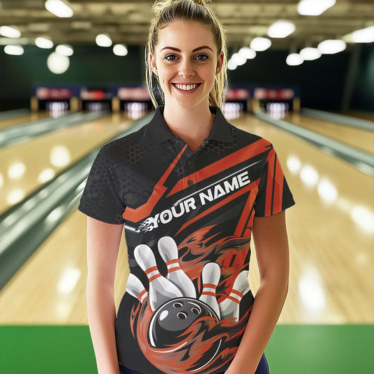 Custom Black And Orange Flame Bowling Team Polo Shirts For Women, Fire Bowling League Shirt IPHW8770