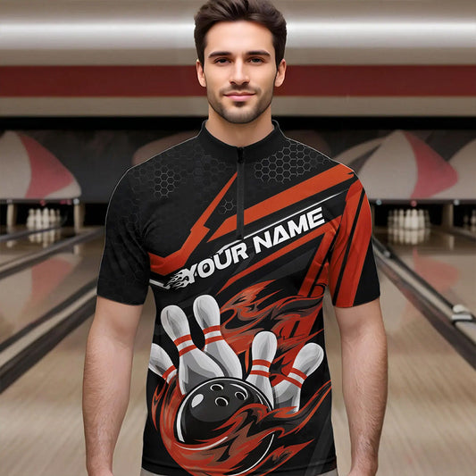 Custom Black And Orange Flame Bowling Team Quarter-Zip Shirts For Men, Fire Bowling League Shirt IPHW8770