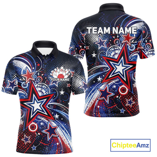 Front and back views of a custom men's bowling polo shirt featuring red, white, and blue patriotic stars, halftone dots, and a grunge texture design.