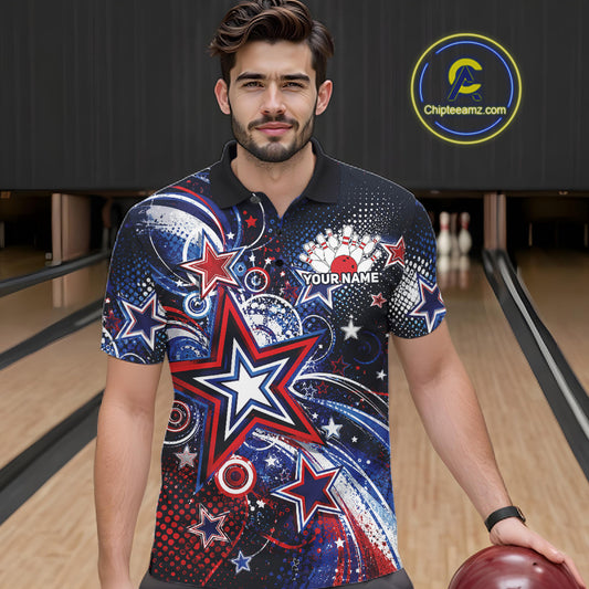 Front view of a male model in a bowling alley wearing a custom bowling polo shirt featuring red, white, and blue patriotic stars, halftone dots, and a grunge texture design.
