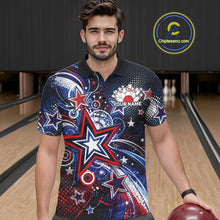 Load image into Gallery viewer, Front view of a male model in a bowling alley wearing a custom bowling polo shirt featuring red, white, and blue patriotic stars, halftone dots, and a grunge texture design.