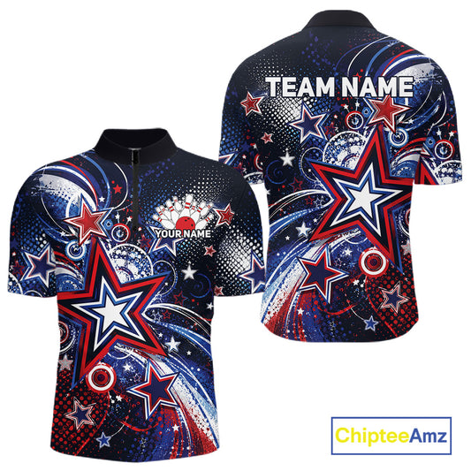 Front and back views of a custom quarter zip bowling shirt featuring red, white, and blue patriotic stars, halftone dots, and a grunge texture design.