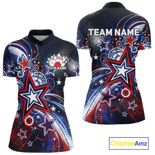 Front and back views of a custom women's quarter zip bowling shirt featuring red, white, and blue patriotic stars, halftone dots, and a grunge texture design.