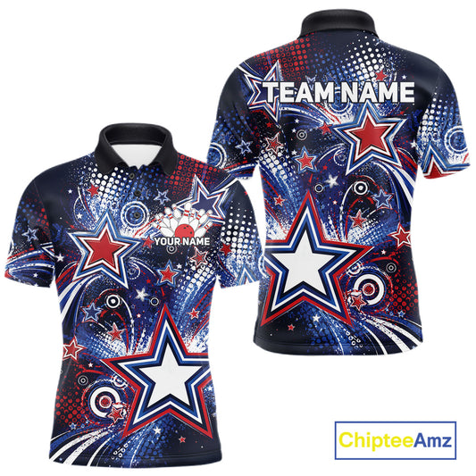 Front and back views of a custom men's bowling polo shirt featuring red, white, and blue patriotic stars, halftone dots, and a grunge texture design.