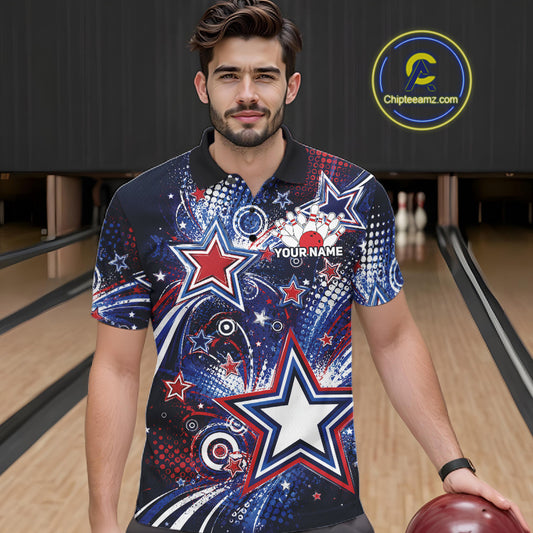 Front view of a male model in a bowling alley wearing a custom bowling polo shirt featuring red, white, and blue patriotic stars, halftone dots, and a grunge texture design.