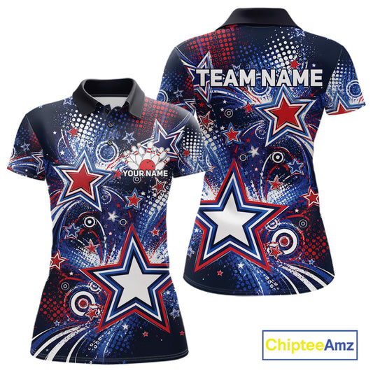Front and back views of a custom women's bowling polo shirt featuring red, white, and blue patriotic stars, halftone dots, and a grunge texture design.
