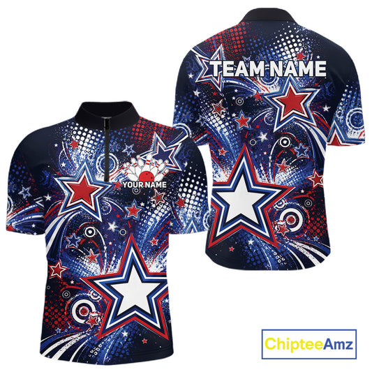 Front and back views of a custom quarter zip bowling shirt featuring red, white, and blue patriotic stars, halftone dots, and a grunge texture design.