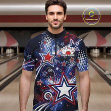 Load image into Gallery viewer, Front view of a male model in a bowling alley wearing a custom quarter zip bowling shirt featuring red, white, and blue patriotic stars, halftone dots, and a grunge texture design.