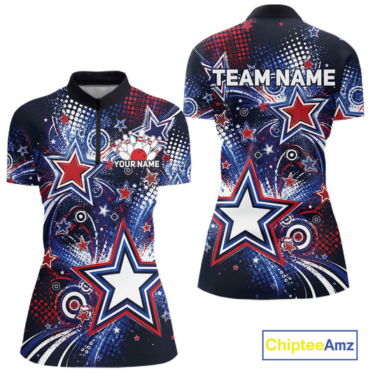 Front and back views of a custom women's quarter zip bowling shirt featuring red, white, and blue patriotic stars, halftone dots, and a grunge texture design.