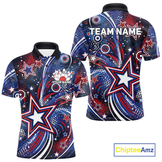 Front and back views of a custom men's bowling polo shirt featuring red, white, and blue patriotic stars, halftone dots, and a grunge texture design.
