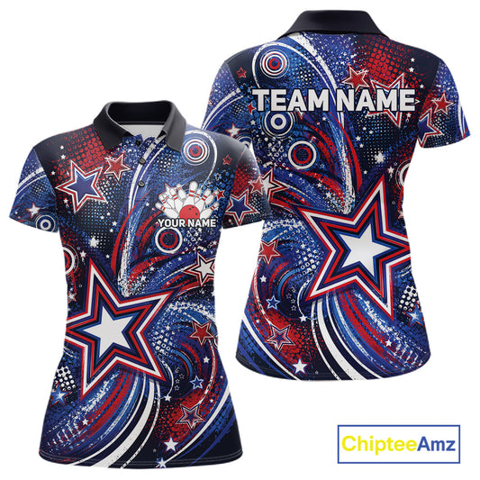 Front and back views of a custom women's bowling polo shirt featuring red, white, and blue patriotic stars, halftone dots, and a grunge texture design.