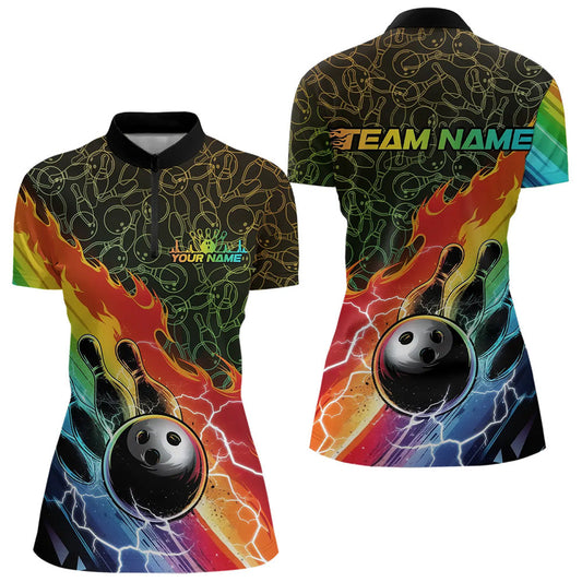 Custom Rainbow Flame Bowling Team Women Quarter-Zip Shirts, Colorful Bowling League Shirt IPHW8785