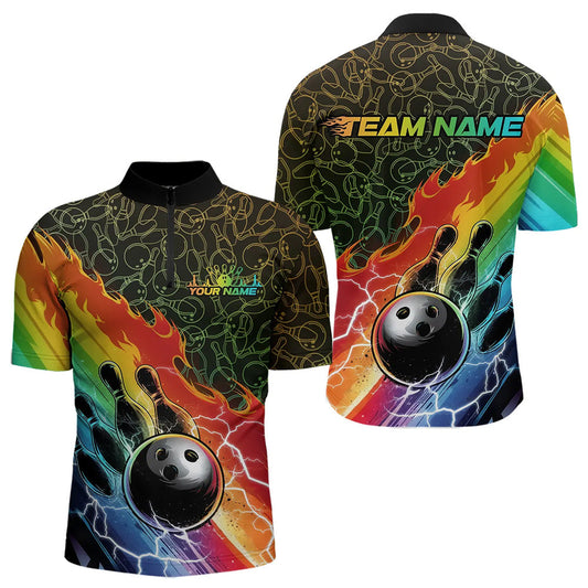 Custom Rainbow Flame Bowling Team Quarter-Zip Shirts For Men, Colorful Bowling League Shirt IPHW8785