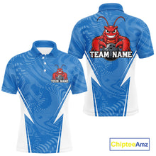 Load image into Gallery viewer, Front and back views of a blue custom men's bowling polo shirt featuring a funny aggressive crawfish holding a bowling ball in a sporty design style.