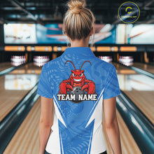 Load image into Gallery viewer, Back view of a female model in a bowling alley wearing a blue custom quarter-zip bowling shirt with a funny aggressive crawfish holding a bowling ball in a sportswear-style design.