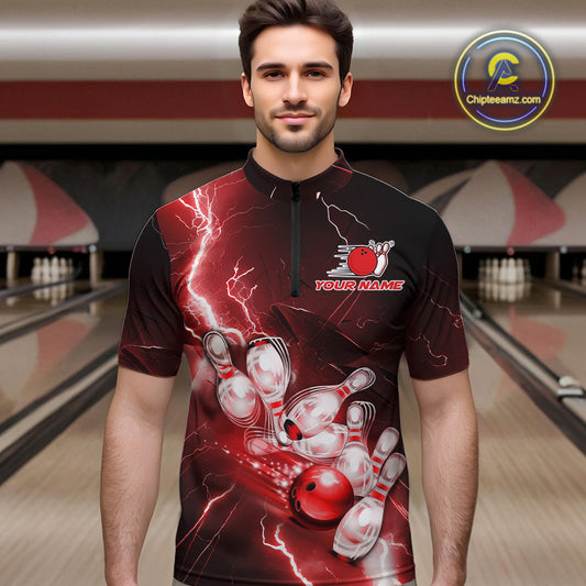 Custom Red Thunder Lightning Bowling Quarter-Zip Shirts For Men, Bowling League Shirt IPHW9794