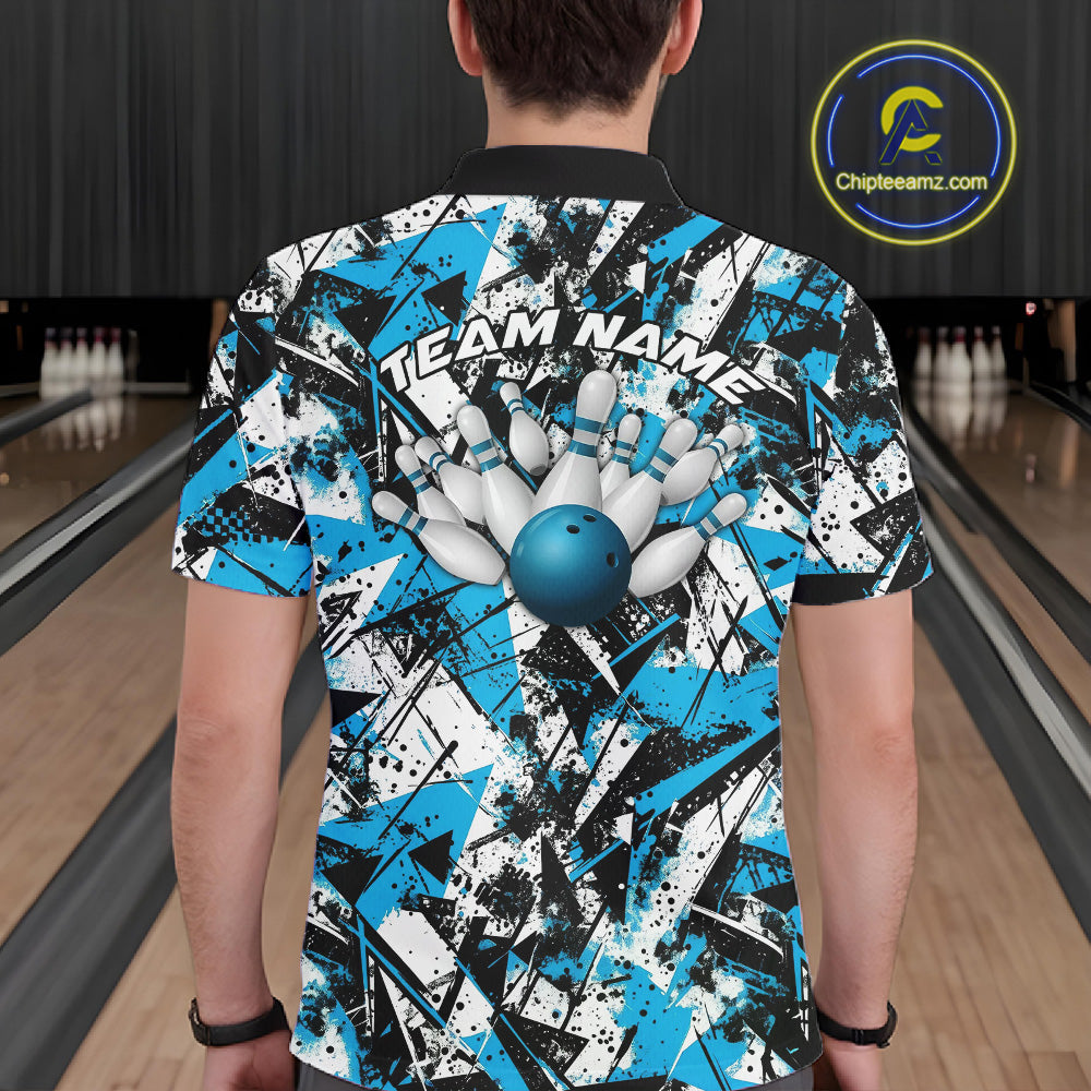 Custom Graffity Blue Camo Bowling Team Men Polo Shirts, Camouflage Bowling Jerseys IPHW10215