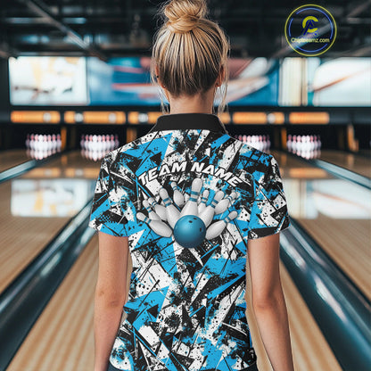 Custom Graffity Blue Camo Bowling Team Women Shirts, Camouflage Bowling Jerseys IPHW10215