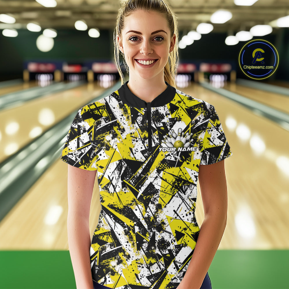 Custom Graffity Yellow Camo Bowling Team Women Shirts, Camouflage Bowling Jerseys IPHW10217