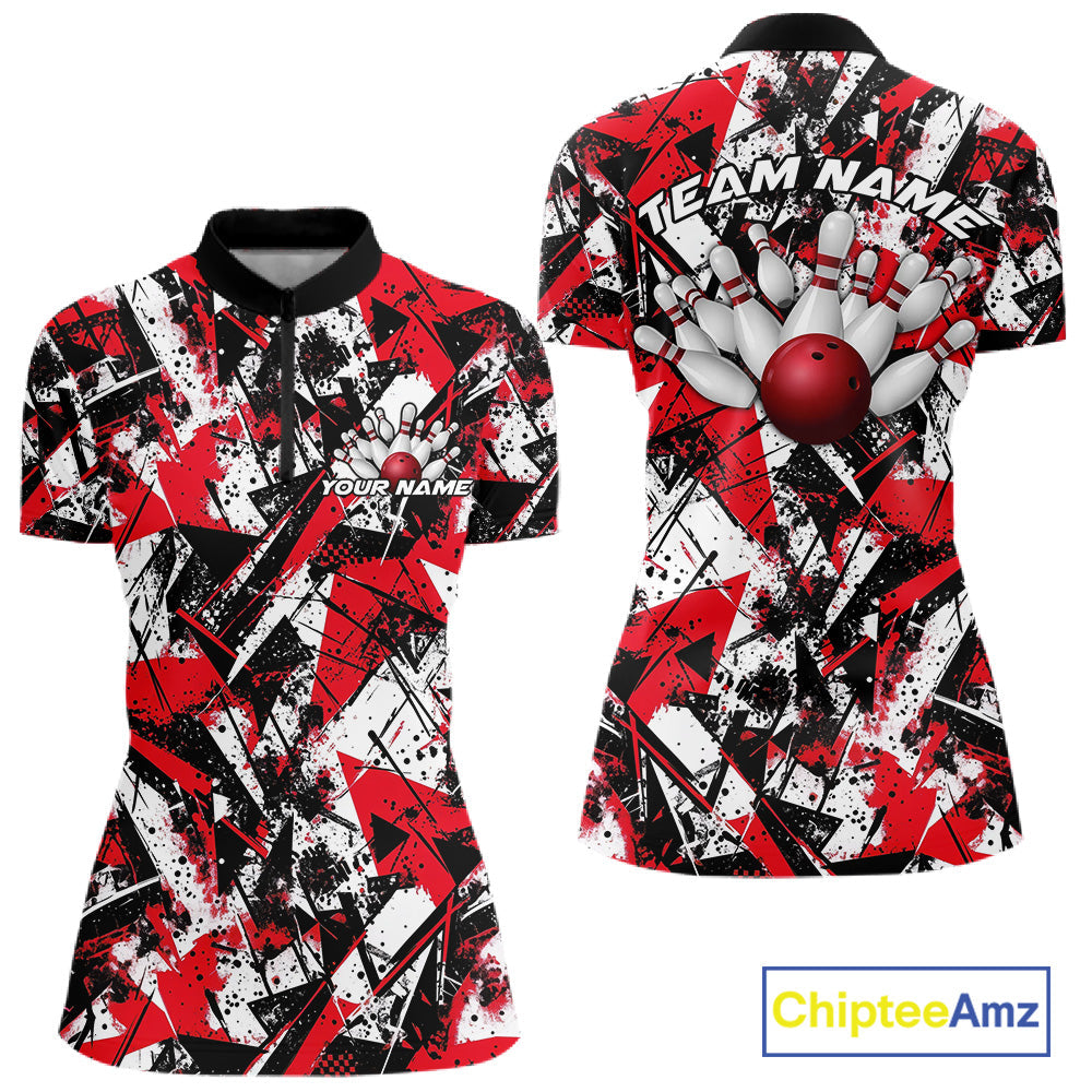 Custom Graffity Red Camo Bowling Team Women Shirts, Camouflage Bowling Jerseys IPHW10218
