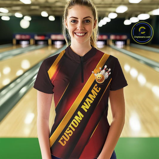 Custom Red And Gold Bowling Tournament Shirts For Women With Name, Bowler Outfit IPHW10645
