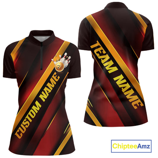 Custom Red And Gold Bowling Tournament Shirts For Women With Name, Bowler Outfit IPHW10645