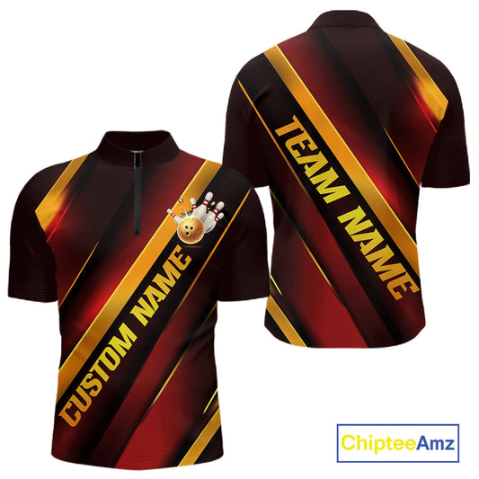 Custom Red And Gold Bowling Tournament Shirts For Men And Women With Name, Bowler Outfit IPHW10645