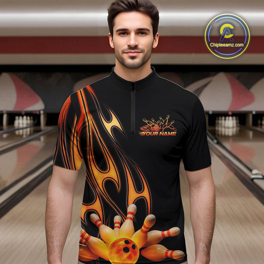 Custom Flame Bowling Team Quarter-Zip Shirts For Men, Bowling Tournament Team Outfit IPHW9287