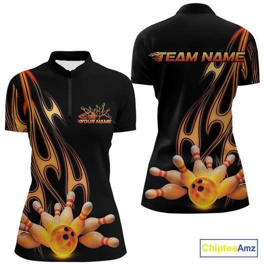 Custom Flame Bowling Team Quarter-Zip Shirts For Women, Bowling Tournament Team Outfit IPHW9287