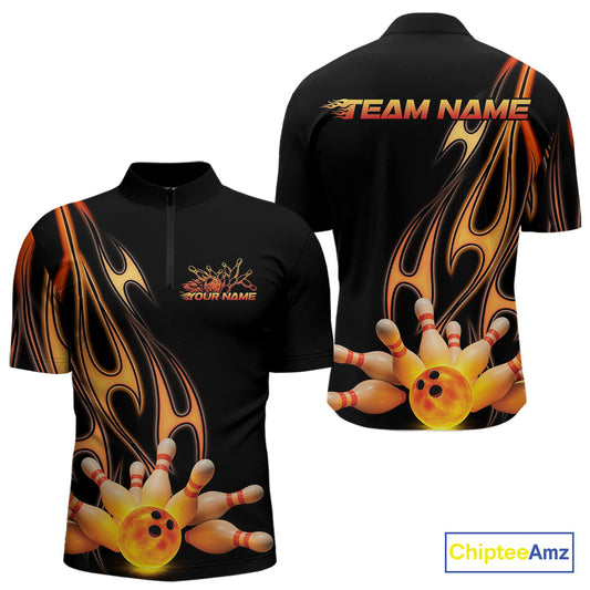 Custom Flame Bowling Team Quarter-Zip Shirts For Men, Bowling Tournament Team Outfit IPHW9287