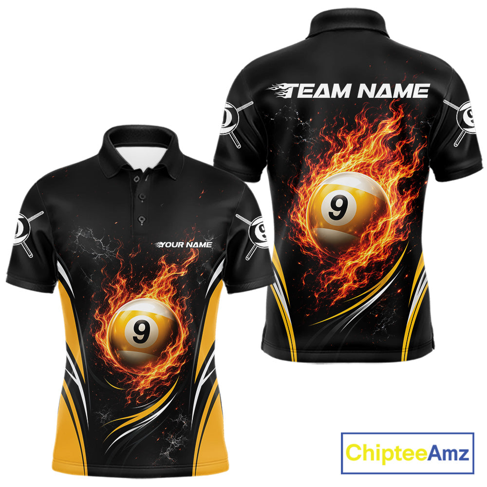 Custom Black And Yellow Flame 9 Ball Billiards Jersey, Pool Team Men Polo Shirt IPHW11749