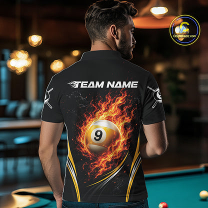 Custom Black And Yellow Flame 9 Ball Billiards Jersey, Pool Team Men Polo Shirt IPHW11749