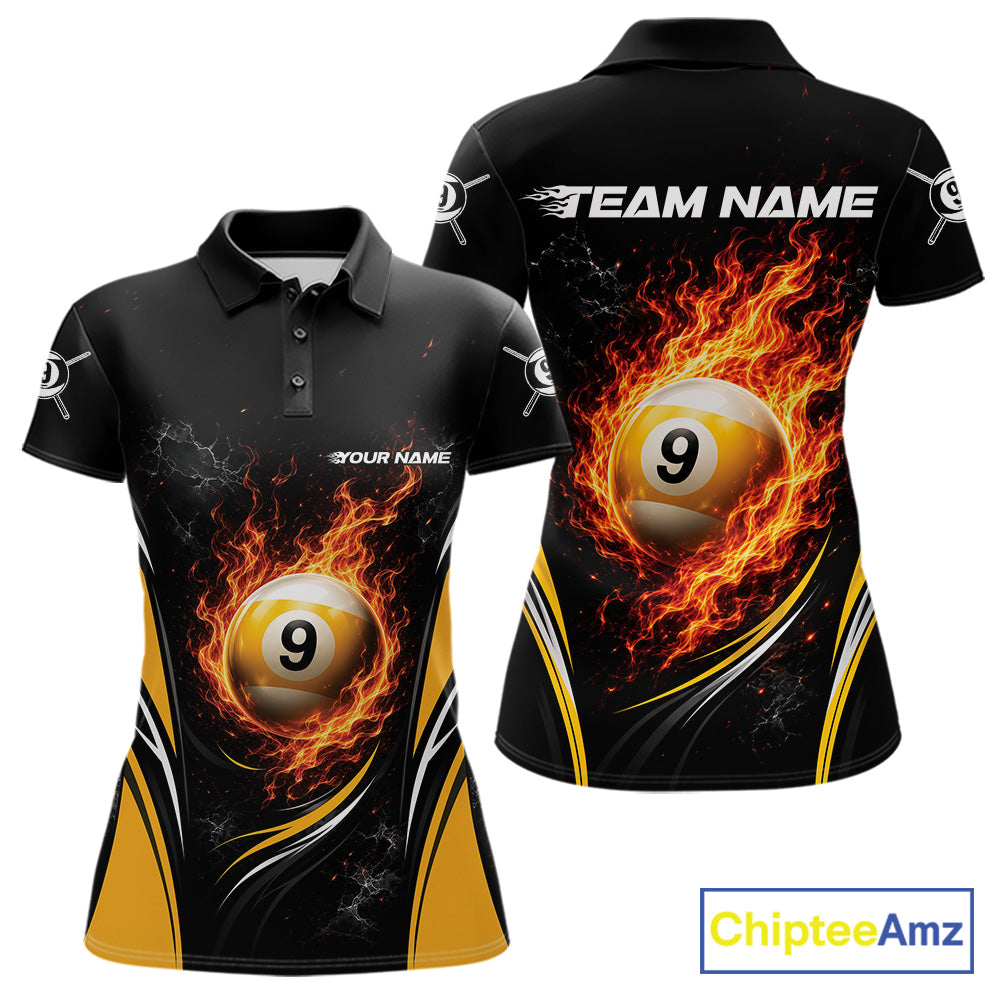 Custom Black And Yellow Flame 9 Ball Billiards Jersey, Pool Team Women Polo Shirt IPHW11749