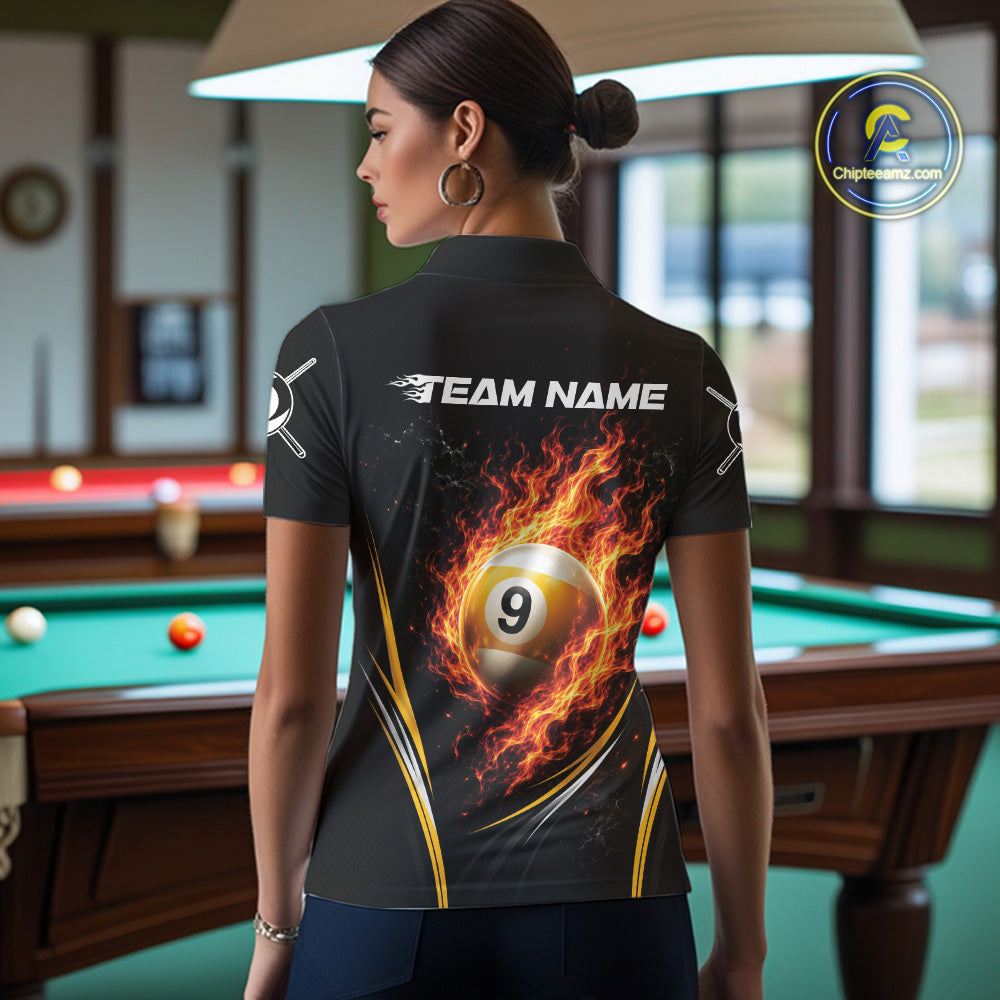 Custom Black And Yellow Flame 9 Ball Billiards Jersey, Pool Team Women Polo Shirt IPHW11749