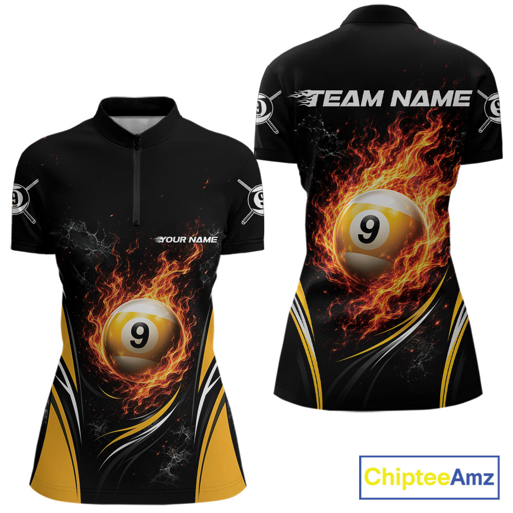 Custom Black And Yellow Flame 9 Ball Billiards Jersey, Pool Team Women Quarter-Zip Shirt IPHW11749