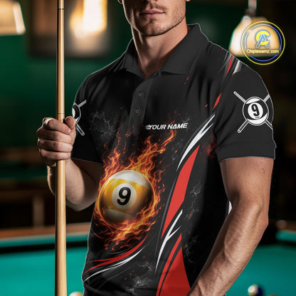 Custom Black And Red Flame 9 Ball Billiards Jersey, Pool Team Men Polo Shirt IPHW11750