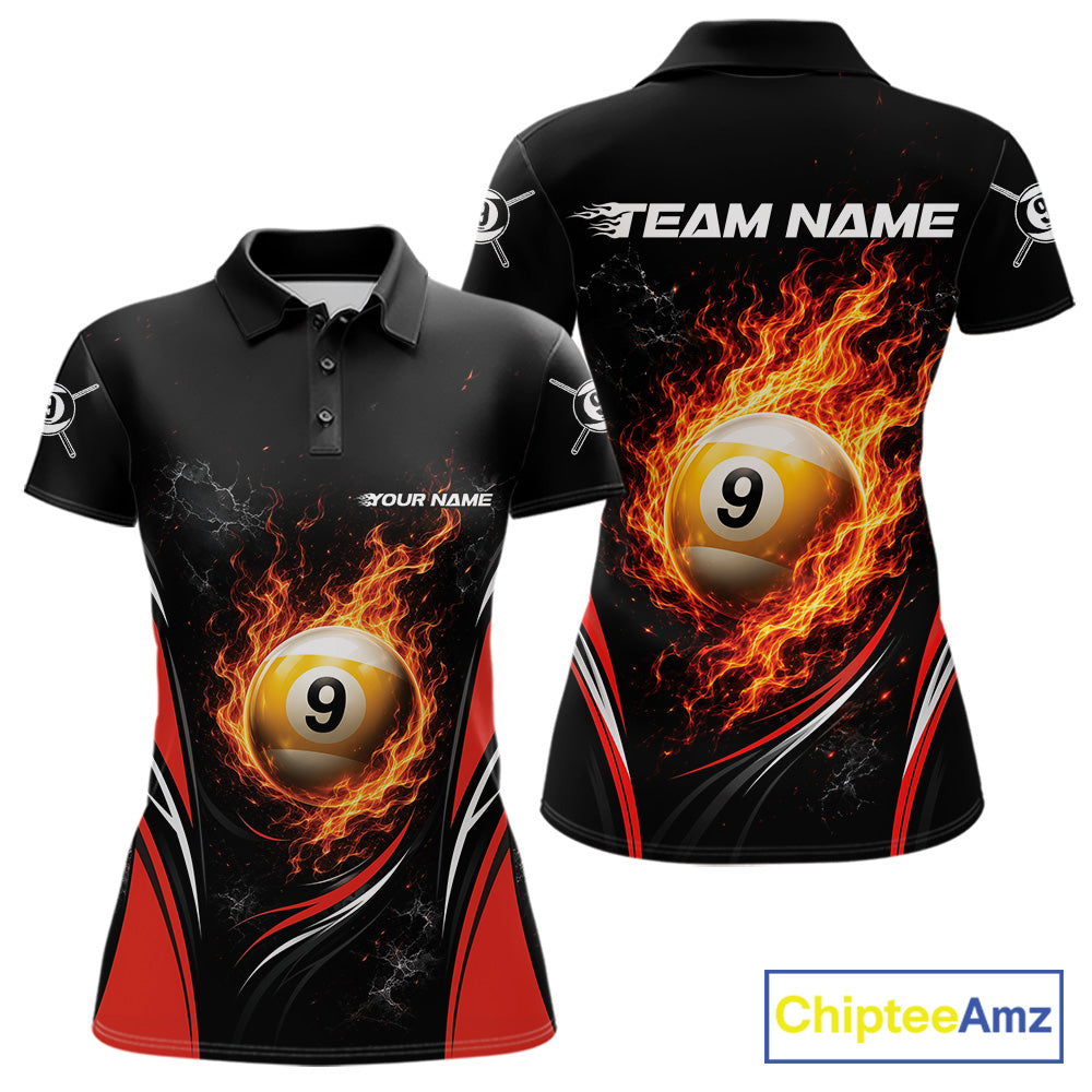 Custom Black And Red Flame 9 Ball Billiards Jersey, Pool Team Women Polo Shirt IPHW11750