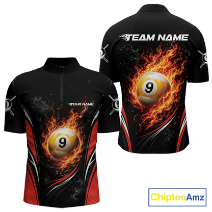 Custom Black And Red Flame 9 Ball Billiards Jersey, Pool Team Men Quarter Zip Shirt IPHW11750