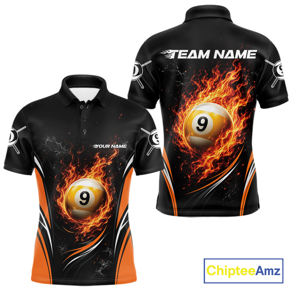 Custom Black And Orange Flame 9 Ball Billiards Jersey, Pool Team Men Polo Shirt IPHW11751
