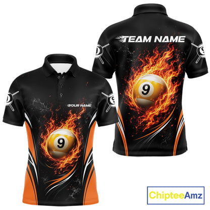 Custom Black And Orange Flame 9 Ball Billiards Jersey, Pool Team Men Polo Shirt IPHW11751