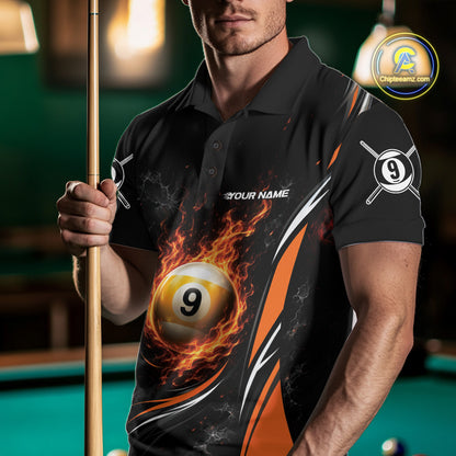 Custom Black And Orange Flame 9 Ball Billiards Jersey, Pool Team Men Polo Shirt IPHW11751