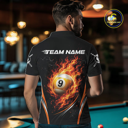 Custom Black And Orange Flame 9 Ball Billiards Jersey, Pool Team Men Polo Shirt IPHW11751