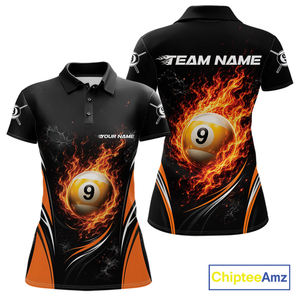Custom Black And Orange Flame 9 Ball Billiards Jersey, Pool Team Women Polo Shirt IPHW11751