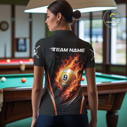 Custom Black And Orange Flame 9 Ball Billiards Jersey, Pool Team Women Polo Shirt IPHW11751