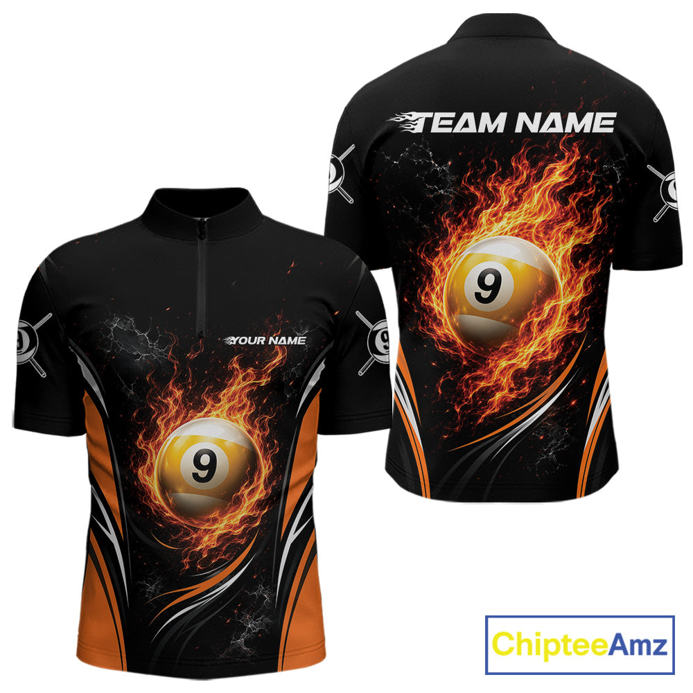 Custom Black And Orange Flame 9 Ball Billiards Jersey, Pool Team Men Quarter Zip Shirt IPHW11751