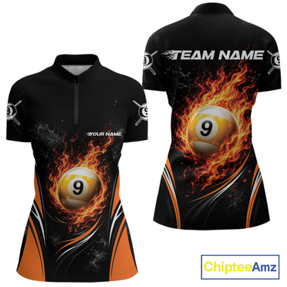 Custom Black And Orange Flame 9 Ball Billiards Jersey, Pool Team Women Quarter-Zip Shirt IPHW11751