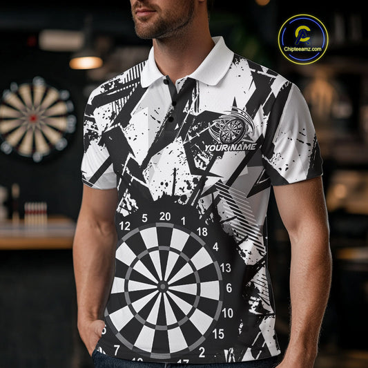 Custom Grunge Splatter Black And White Dartboard Dart Team Men Polo Shirts, Dart Jerseys IPHW9970