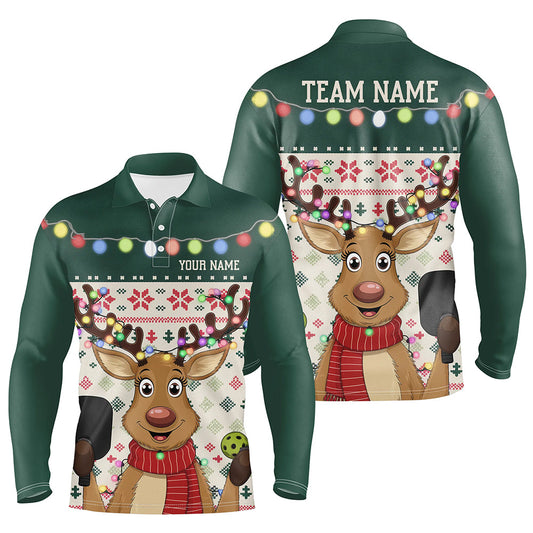 Custom Funny Christmas Reindeer Pickleball Long Sleeve Polo Shirts For Men, Pickleball Outfit IPHW8088