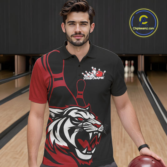 Custom Black And Red Tiger Bowling Jerseys, Tiger Bowling Team Men Polo Shirts IPHW9014